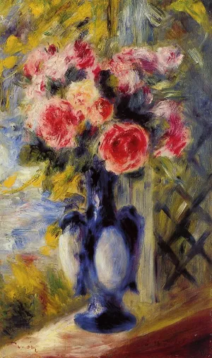 Bouquet of Roses in a Blue Vase by Pierre-Auguste Renoir - Hand-Painted Oil Painting Reproduction