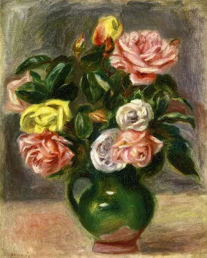 Bouquet of Roses in a Green Vase by Pierre-Auguste Renoir - Hand-Painted Oil Painting Reproduction