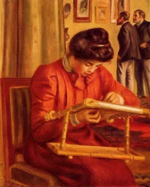 Christine Lerolle Embroidering by Pierre-Auguste Renoir - Oil Painting Christine Lerolle Embroidering by Pierre-Auguste Renoir - Hand-Painted Oil Painting Reproduction