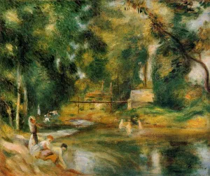 Essoyes Landscape - Washerwoman and Bathers by Pierre-Auguste Renoir - Hand-Painted Oil Painting Reproduction