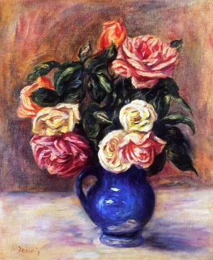 Roses in a Blue Vase II by Pierre-Auguste Renoir - Hand-Painted Oil Painting Reproduction