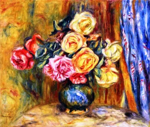 Roses with Blue Curtain by Oil Painting Reproduction